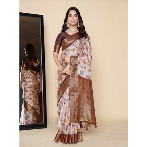 Brown And White Floral Zari Saree