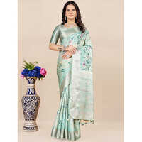 Floral Printed Zari Woven Design Saree - Color: Blue