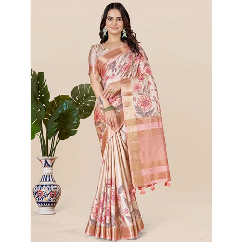 Rose And Beige Floral Zari Art Silk Saree