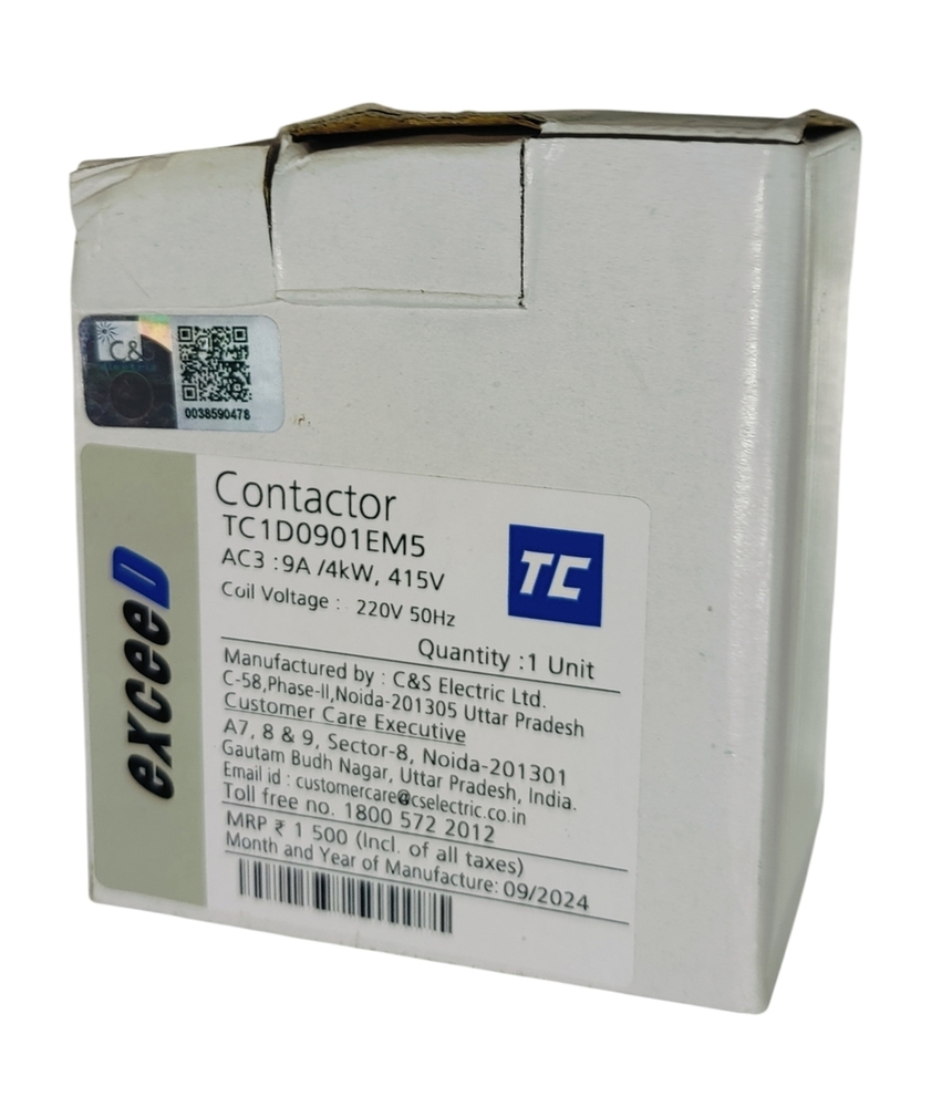 C&s Contactor Tc1d0901em5 - 9a Current Rating, 415v Voltage, 4kw Power, 220v Coil Voltage, 50hz Frequency | Single Unit, Ac3 Type