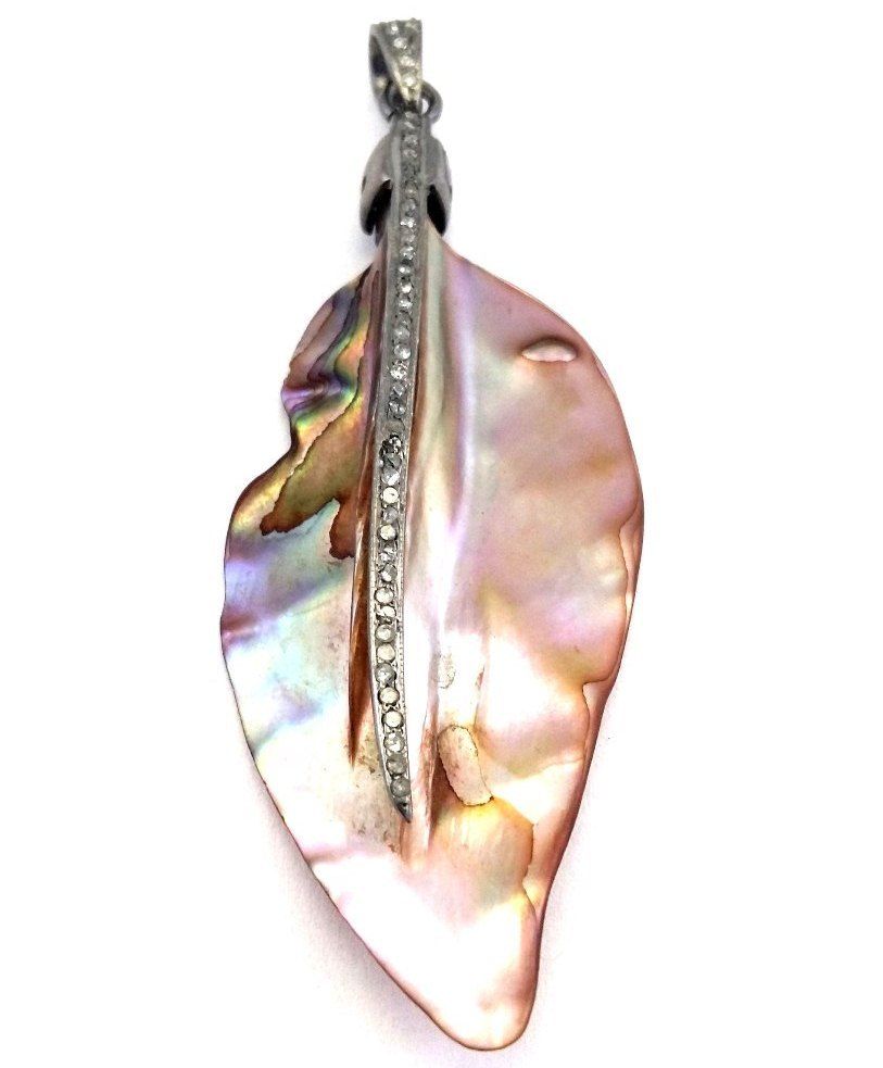 Diamond Mother of Pearl Pendant , Metallic Brown Leaf Design in 925 Sterling Silver