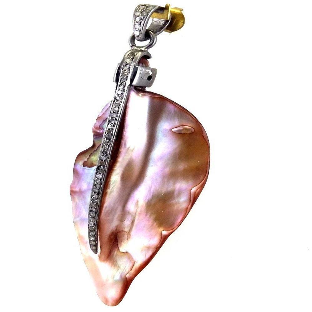 Diamond Mother of Pearl Pendant , Metallic Brown Leaf Design in 925 Sterling Silver