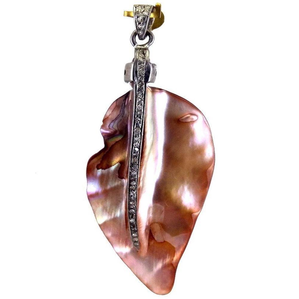 Diamond Mother of Pearl Pendant , Metallic Brown Leaf Design in 925 Sterling Silver