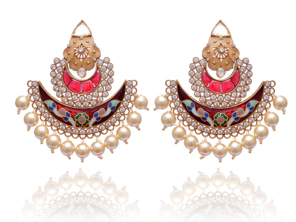 Enameled Moissanite Polki Earring in 925 Sterling Silver