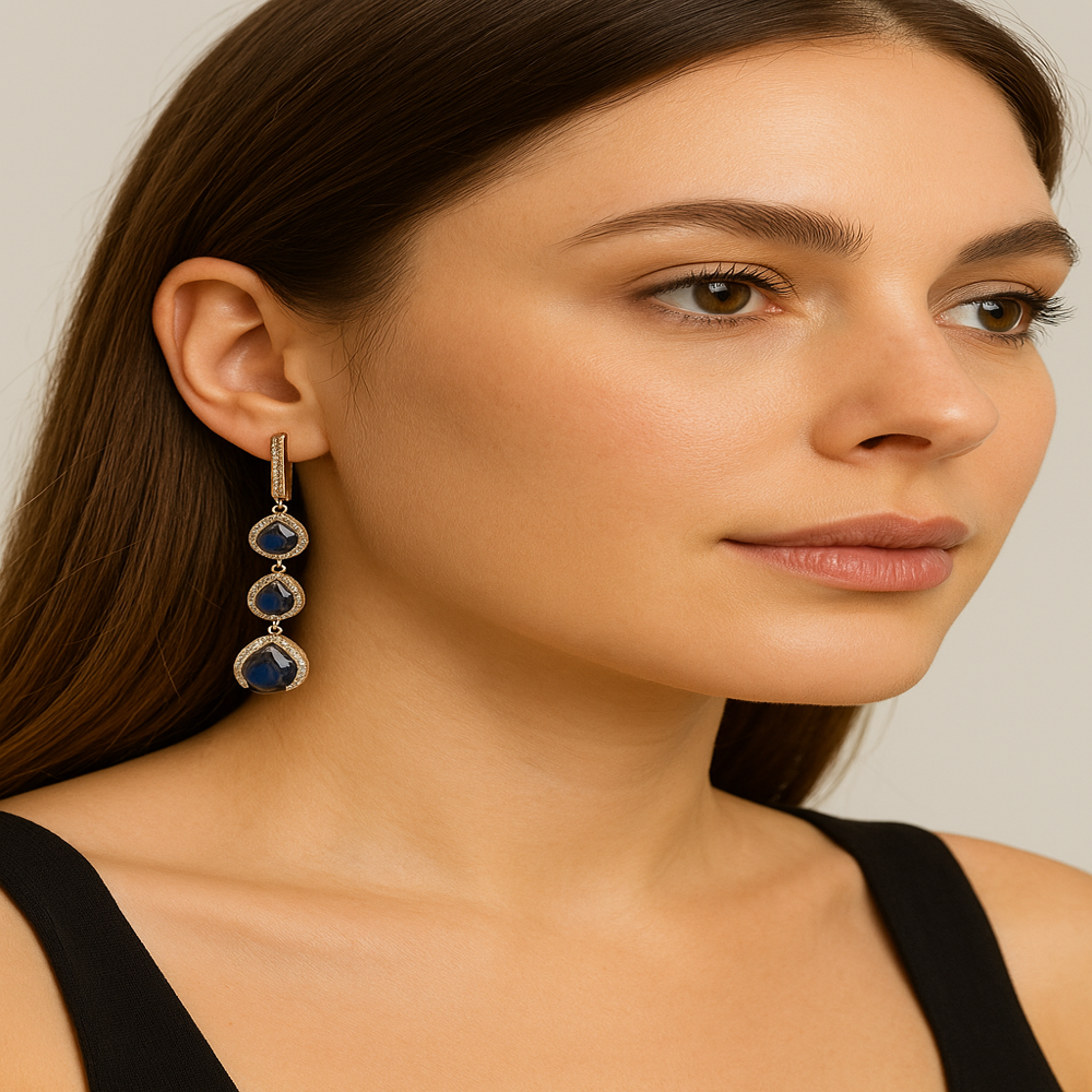 925 Sterling Silver Turkish Earrings with Lab Created Blue Sapphire | 3-Inch Oxidized Antique Style | Russian Lock Closure | Jaipur Artisan Jewelry