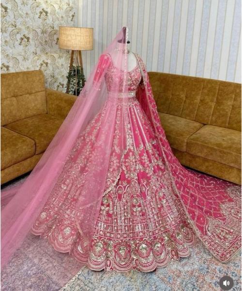 Pink Raw Silk Bridal Wedding Lehenga Set