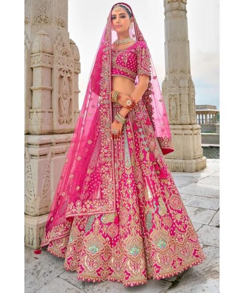 Pink Raw Silk Bridal Wedding Lehenga Set
