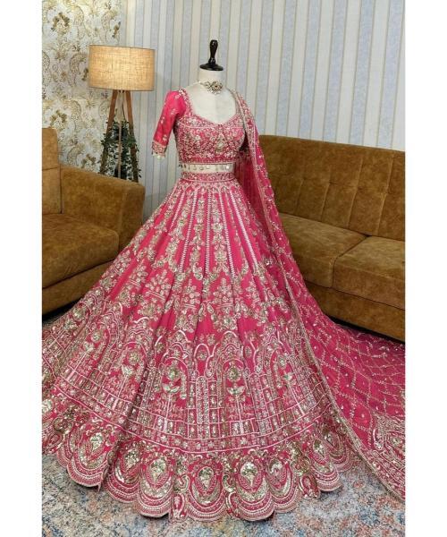 Pink Raw Silk Bridal Wedding Lehenga Set