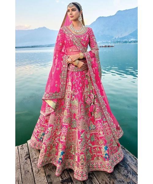 Pink Raw Silk Bridal Wedding Lehenga Set
