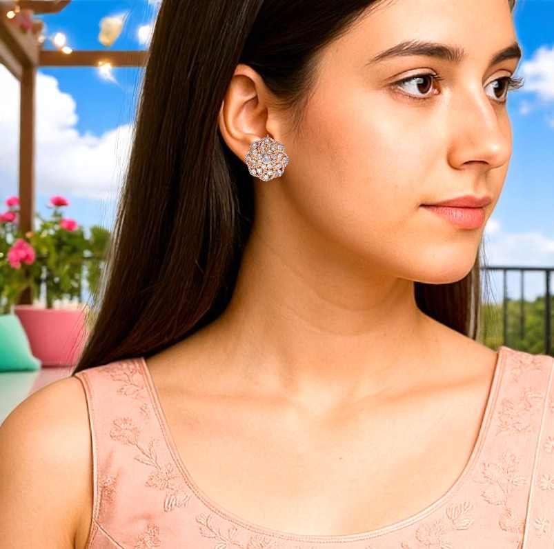 925 Sterling Silver Moissanite & Zircon Stud Earrings with Gold Plated Finish Handcrafted in Jaipur
