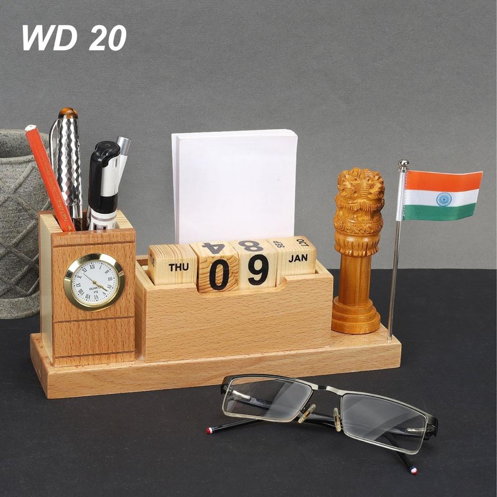 Wooden tabletop with clock & Indian flag