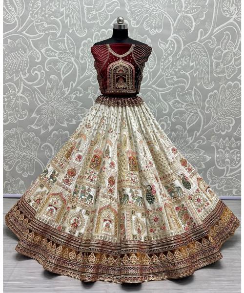 Off-white georgette lehenga choli with hand cut dana and sequins work