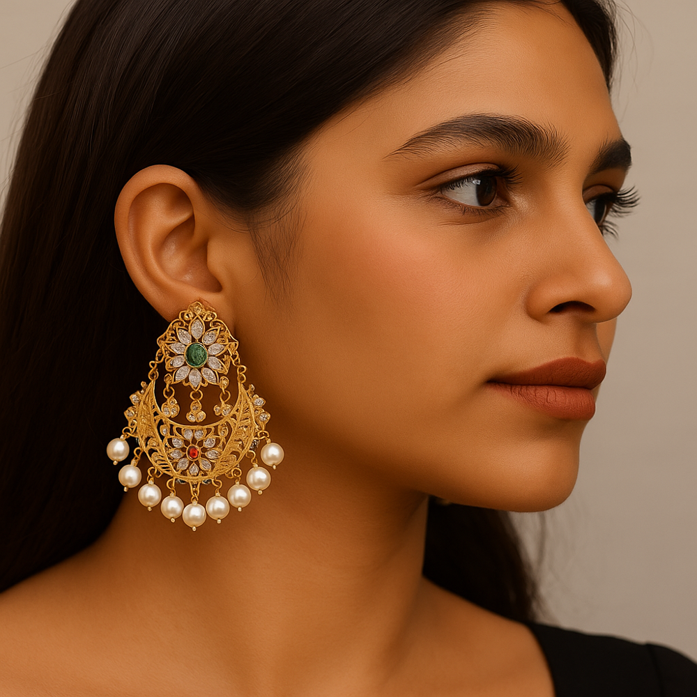 925 Sterling Silver Gold-Plated Earrings with CZ, Green Onyx, Pearl & Red Imitation Stones | 2.5 Inch Traditional Jewelry for Women from Jaipur