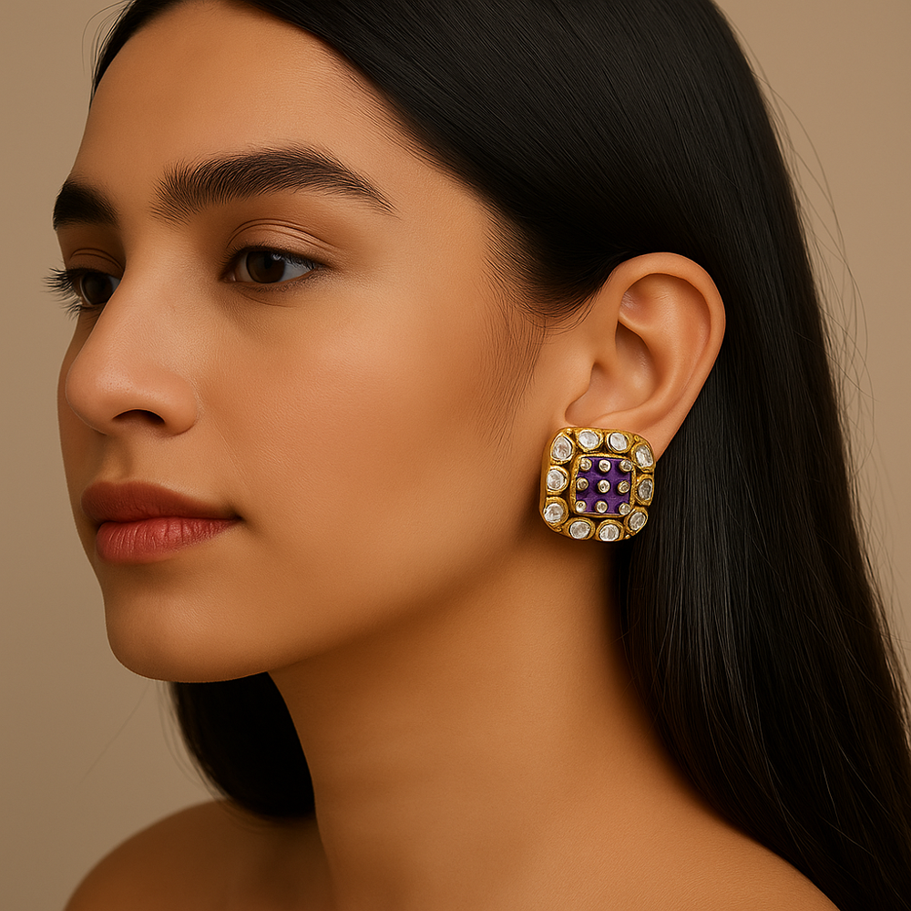 925 Sterling Silver Gold Plated Moissanite & Ruby Stud Earrings  1.2 Inch Designer Womens Jewelry 