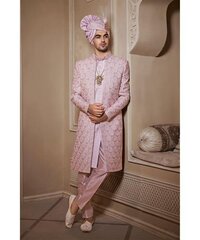 Sherwani Poly Viscose Embroidered Mughal Motif Sultan Set - Cotton Silk Fabric, Relaxed Fit, Gold And Ivory Color | Front & Side Slits, Ideal For Groom & Wedding Occasions