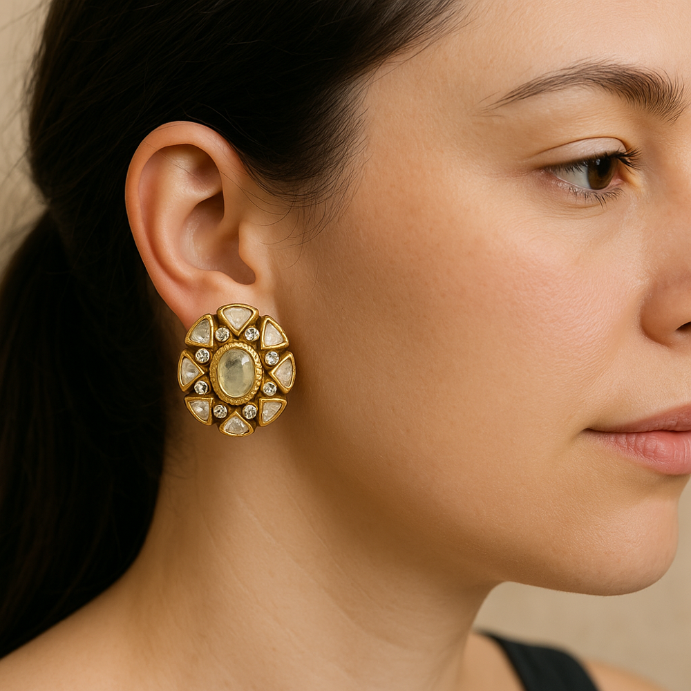 Antique Gold-Plated Sterling Silver Jewelry with White Moissanite Stones | 1.2 Inch Designer Piece Handcrafted in Jaipur, India 