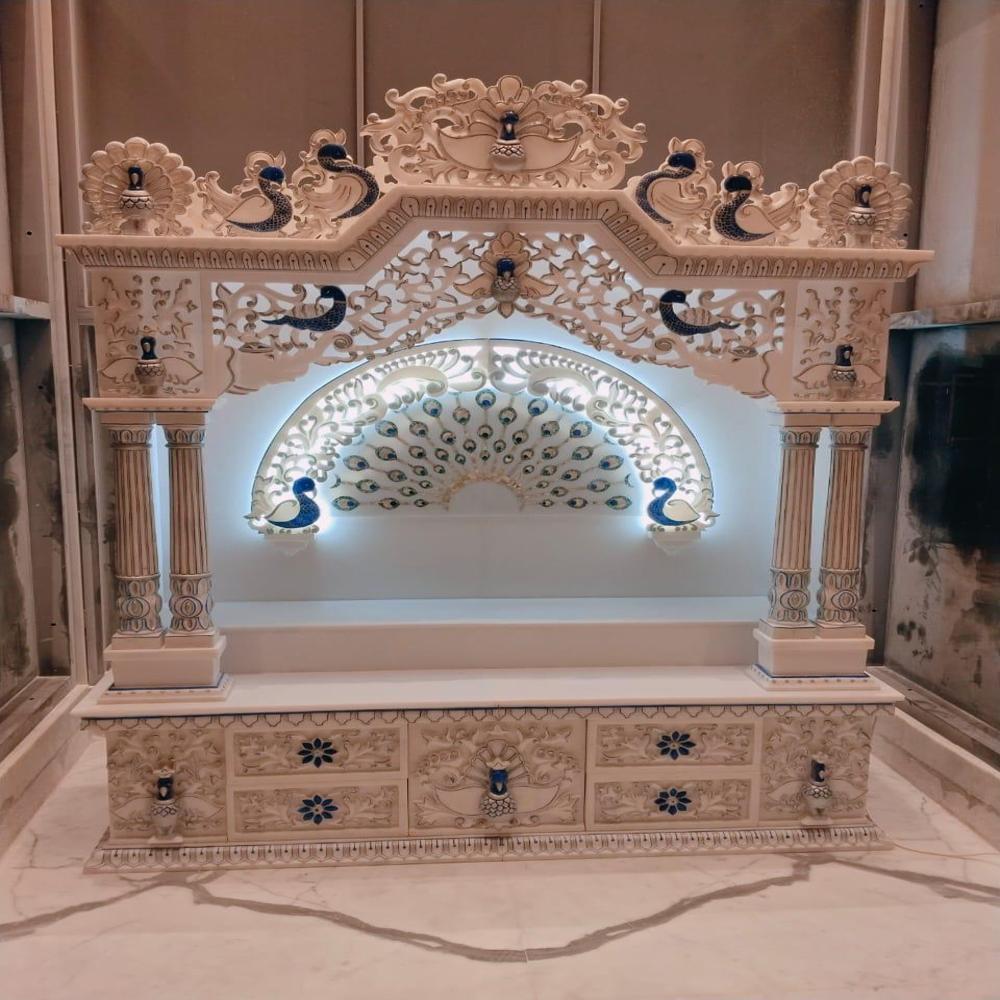 Marble Temple - Eco-Friendly White Marble, Standard Size , Handmade with Polished Finish and Gold Coating for Elegant Worship Spaces