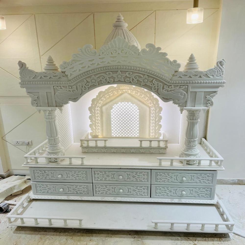 White Marble Temple - Handmade, Standard Size | Polished Finish, Eco-friendly Material, Intricate Craftsmanship, 1-year Warranty