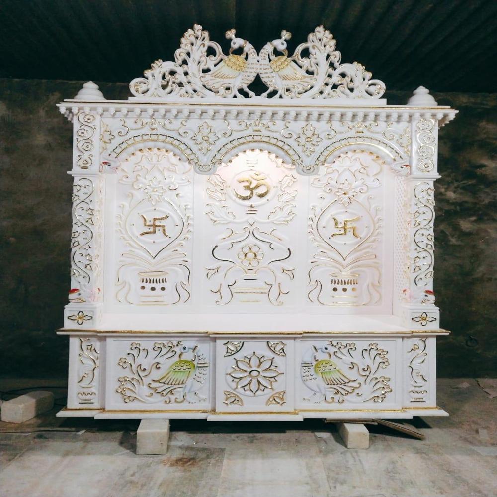 White Marble Temple - Standard Square Design | Polished Finish, Plain Style with Subtle Painted Highlights for Spiritual Spaces