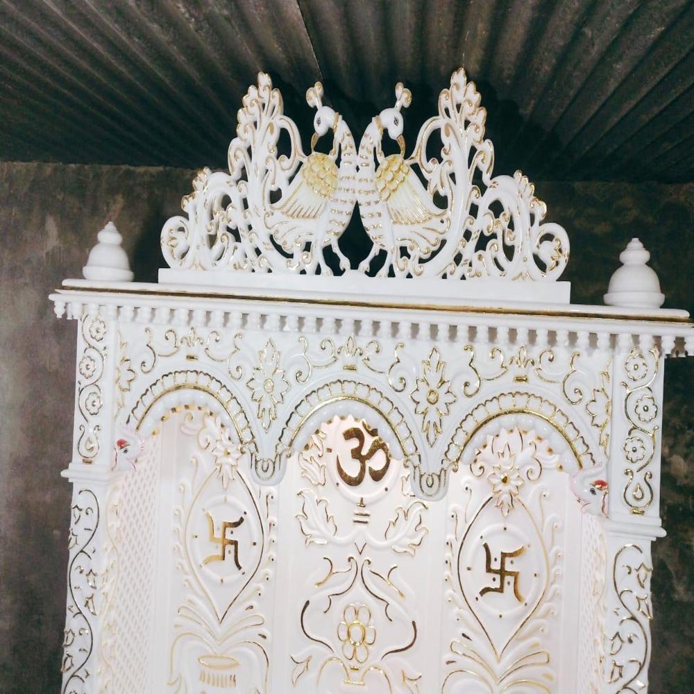 White Marble Temple - Standard Square Design | Polished Finish, Plain Style With Subtle Painted Highlights For Spiritual Spaces