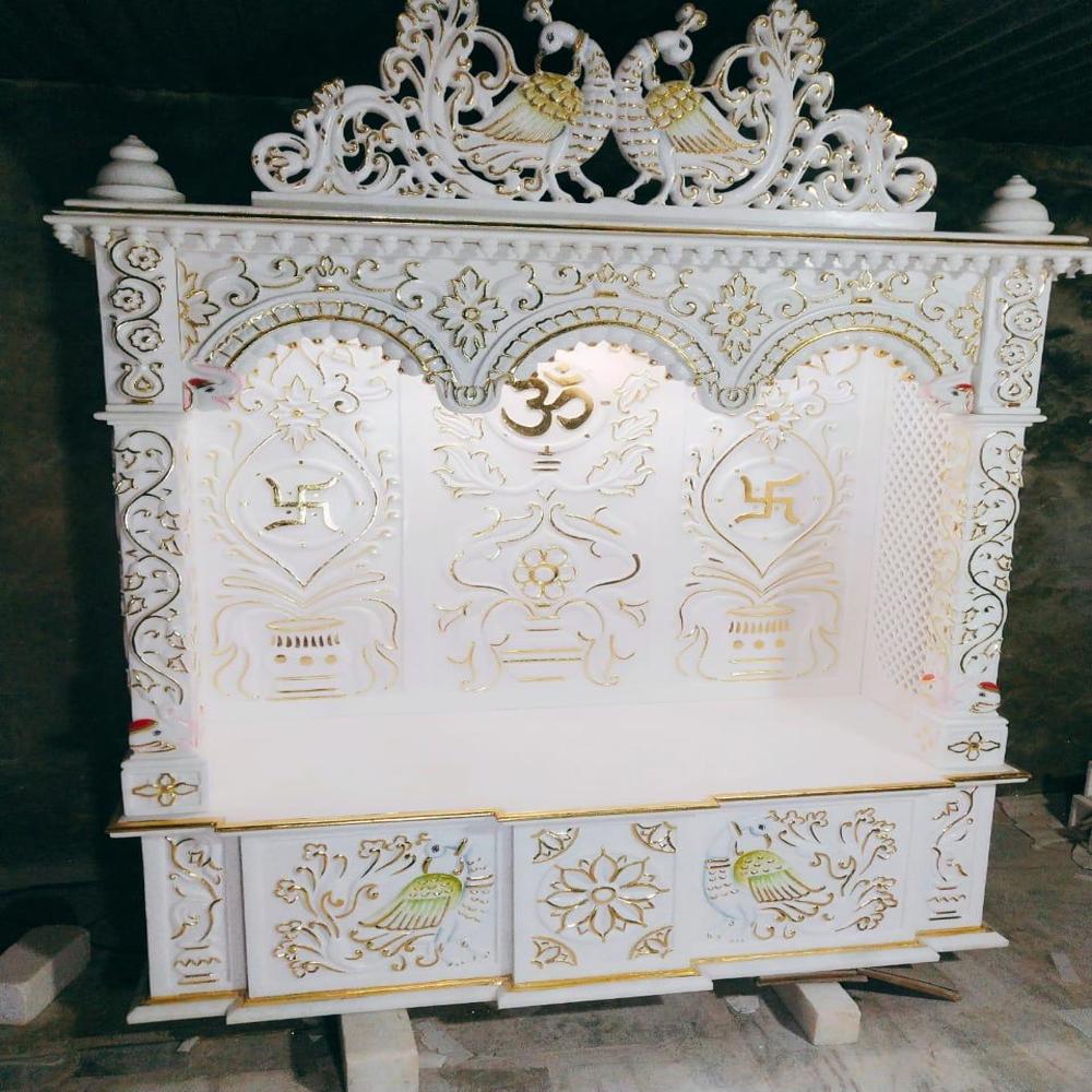 White Marble Temple - Standard Square Design | Polished Finish, Plain Style With Subtle Painted Highlights For Spiritual Spaces