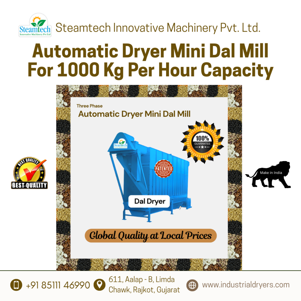Three Phase Automatic Dryer Mini Dal Mill For 1000 Kg Per Hour Capacity