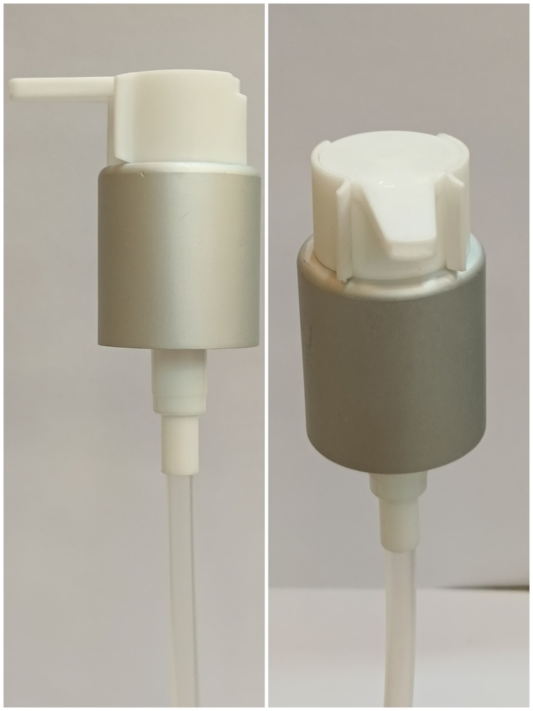 24mm Beak Pump (WHITE SILVER MATT) WITH CLIP - Anodized Aluminum Sleeve, Slanted Nozzle for Precision Dispensing, Customizable Dip Tube