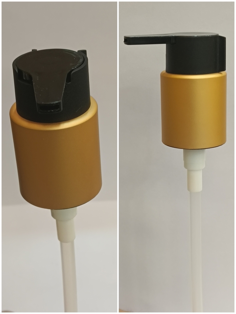 24mm Beak Pump (Matt Golden) with Clip - PP Body, Anodized Aluminum Sleeve, 0.2-0.5 mL Output, Slanted Nozzle Design, Ideal for Serums & Oils