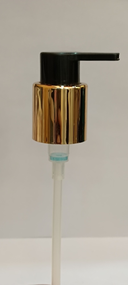 24mm Beak Pump (SHINE GOLDEN) - PP and Metalized ABS , 24mm Neck Size, Slanted Beak Nozzle, Low Output 0.2-0.5 mL, Glossy White Body with Gold Accent