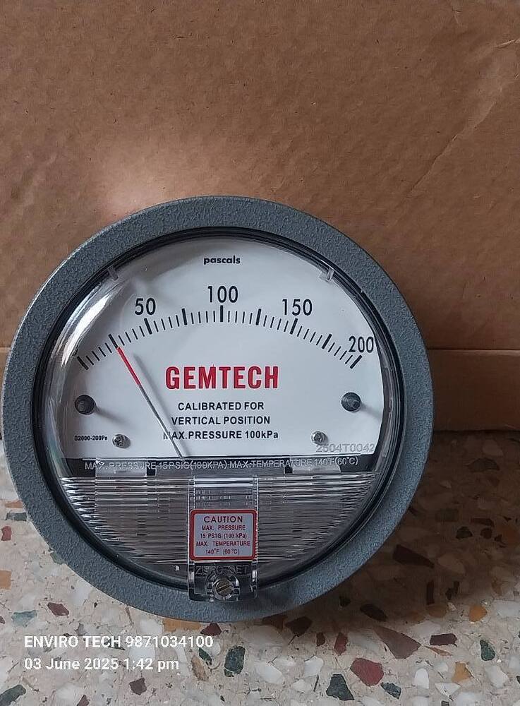 GEMTECH Differential Pressure Gauge Range 0-200 Pascal