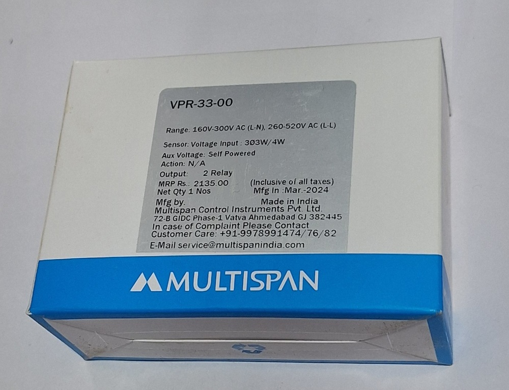 Multispan Vpr 33 00 - Voltage Input 303w/4w, Range 160v-300v Ac (L-n), 260-520v Ac (L-l), Self-powered, 2 Relay Output | Auxiliary Voltage Sensor