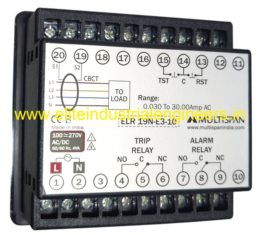 Multispan Elr-19n-e3-10 - Remote Test & Reset, 100 To 270v Ac/dc Voltage, 30ma To 30.0a Ac Range, Dual Relay Output, Cbct Input