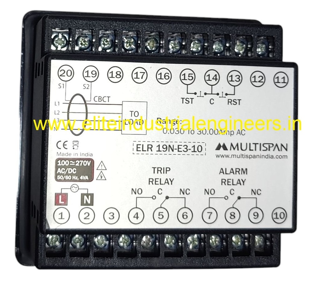 Multispan Elr-19n-e3-10 - Remote Test & Reset, 100 To 270v Ac/dc Voltage, 30ma To 30.0a Ac Range, Dual Relay Output, Cbct Input