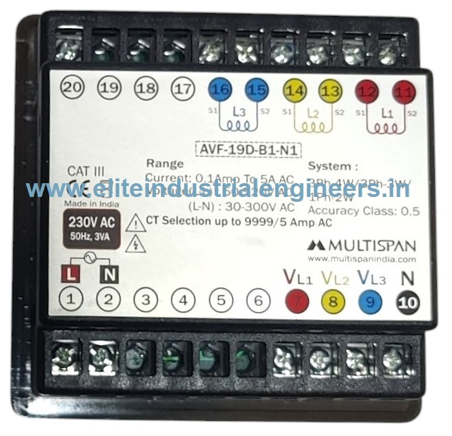 Multispan Avf-19d-b1-n1 - 230v Ac Input, Ct Sensor Input 30a, Voltage Range 30-300v Ac (L-n), 50-520v Ac (L-l) | Auxiliary Voltage Monitor