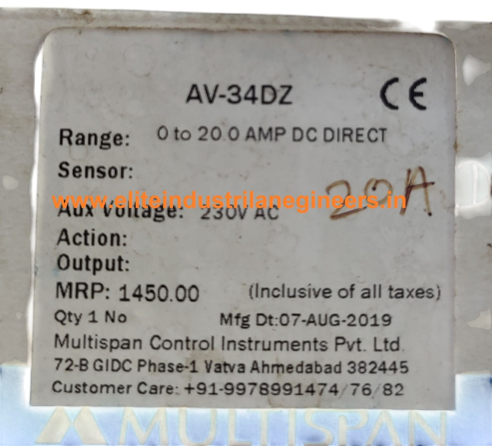 Multispan Av-34dz - Voltage: 230v Ac, Current Range: 0 To 20.0 Amp Dc Direct | Aux Functionality, Compact Design For Versatile Applications