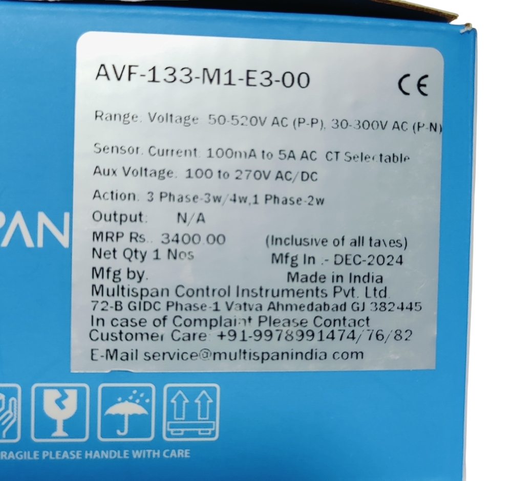 Multispan Avf-133-m1-e3-00 - Voltage 100 To 270v Ac/dc, Output N/a, 3/4w 3 Phase - 2w 1 Phase, Current Range 100ma To 5a Ac Ct Selectable, Range 50-520v Ac (P-p)