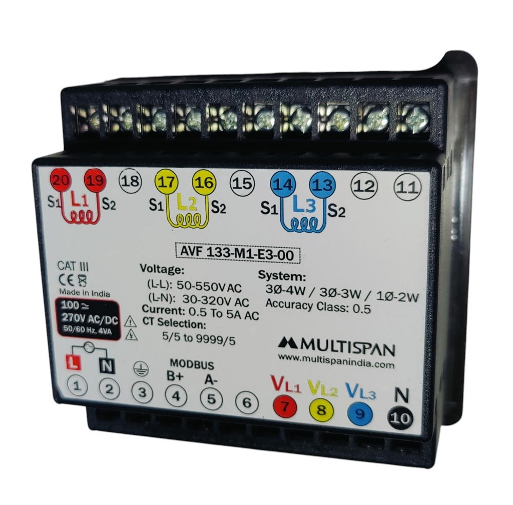 Multispan Avf-133-m1-e3-00 - Voltage 100 To 270v Ac/dc, Output N/a, 3/4w 3 Phase - 2w 1 Phase, Current Range 100ma To 5a Ac Ct Selectable, Range 50-520v Ac (P-p)
