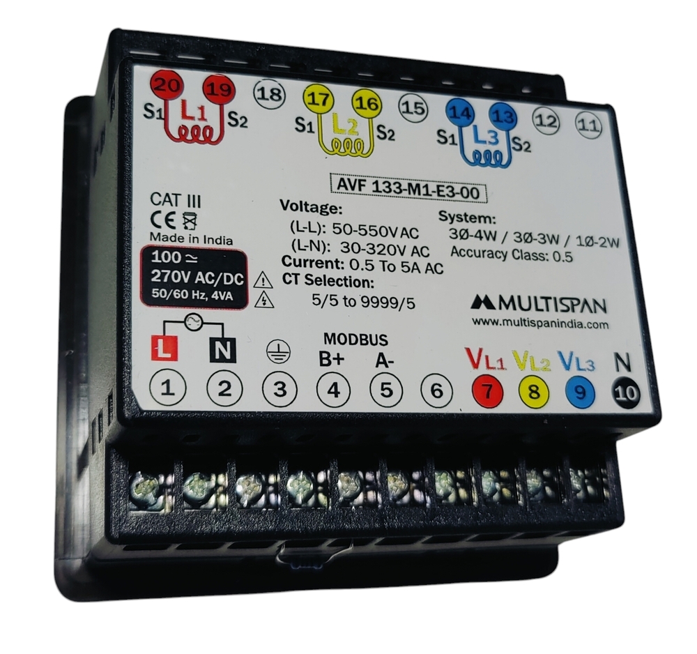 Multispan Avf-133-m1-e3-00 - Voltage 100 To 270v Ac/dc, Output N/a, 3/4w 3 Phase - 2w 1 Phase, Current Range 100ma To 5a Ac Ct Selectable, Range 50-520v Ac (P-p)