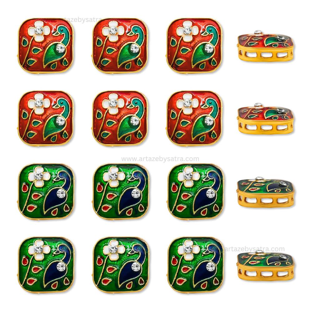 Square Peacock Meenakari Kundan Beads | Size : 18mm | Qty : 6pcs