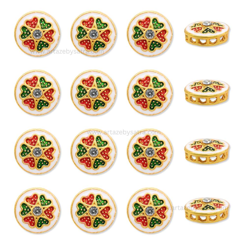 Round Floral Meenakari Kundan Beads | Size : 15mm | Qty : 12pcs