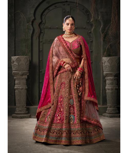 Rani and Maroon Premium Zarkan Embroidered Lycra Velvet Bridal Lehenga with Double Dupatta