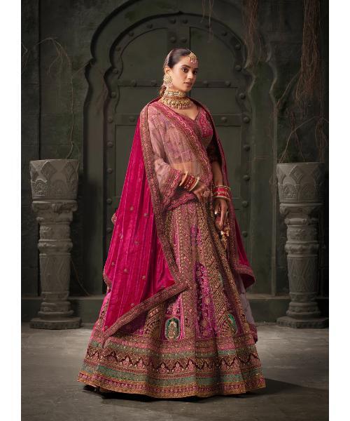 Rani and Maroon Premium Zarkan Embroidered Lycra Velvet Bridal Lehenga with Double Dupatta