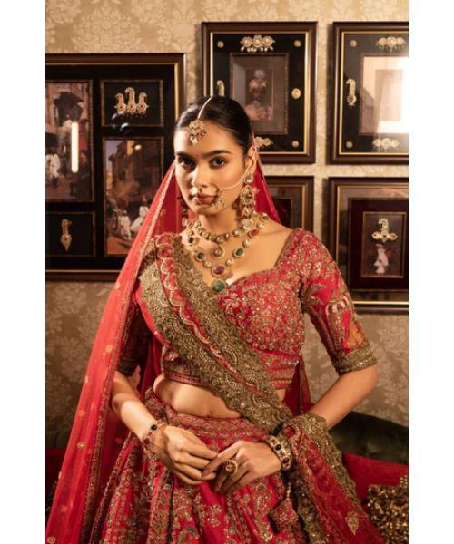 Rani and Maroon Premium Zarkan Embroidered Lycra Velvet Bridal Lehenga with Double Dupatta