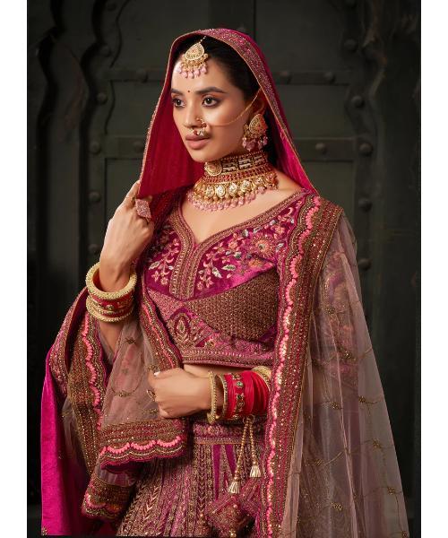 Rani and Maroon Premium Zarkan Embroidered Lycra Velvet Bridal Lehenga with Double Dupatta