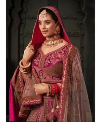 Rani and Maroon Premium Zarkan Embroidered Lycra Velvet Bridal Lehenga with Double Dupatta
