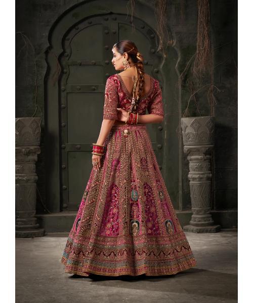 Rani and Maroon Premium Zarkan Embroidered Lycra Velvet Bridal Lehenga with Double Dupatta