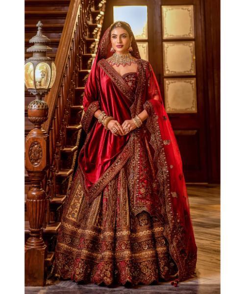 Rani and Maroon Premium Zarkan Embroidered Lycra Velvet Bridal Lehenga with Double Dupatta