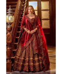 Rani and Maroon Premium Zarkan Embroidered Lycra Velvet Bridal Lehenga with Double Dupatta