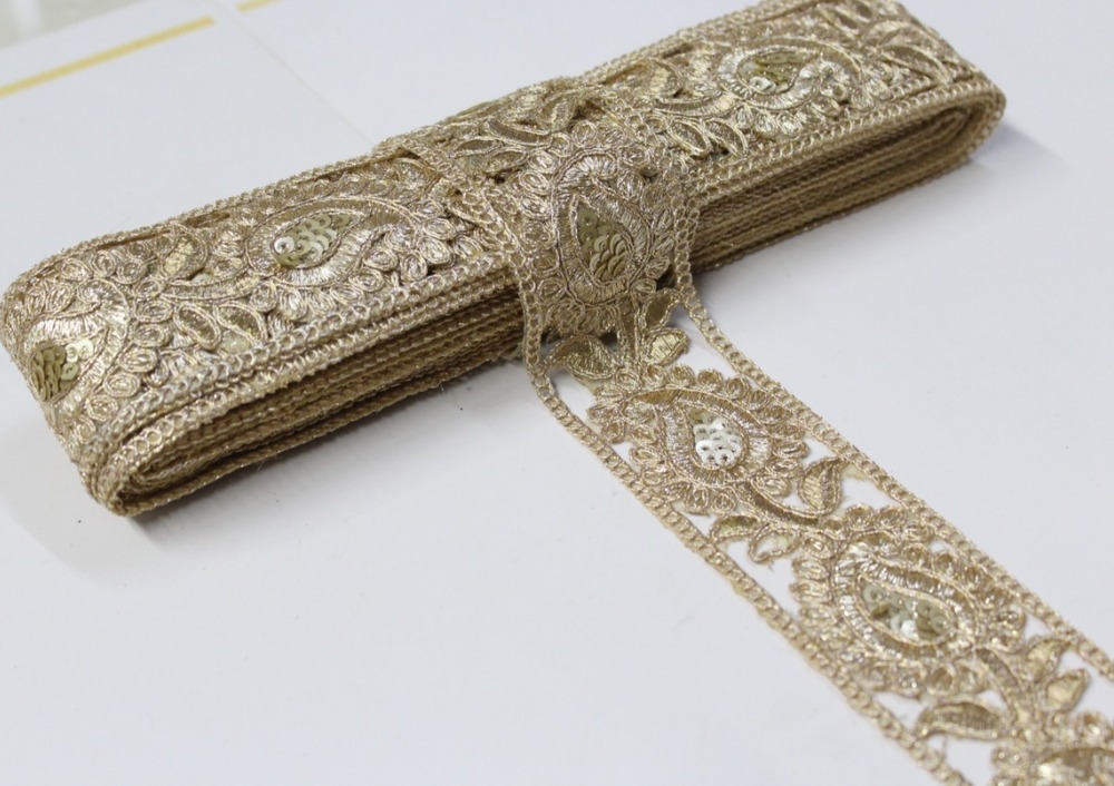 Fancy Embroidery,, Sequence Zari Laces - Color: Golden