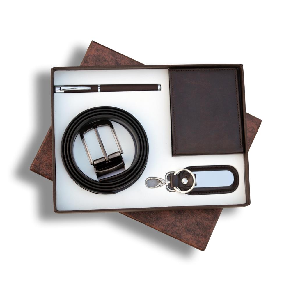 Gents Wallet Reversible Leather Belt Key Ring With Dog Hook Metal Roller Pen Set - Color: Black